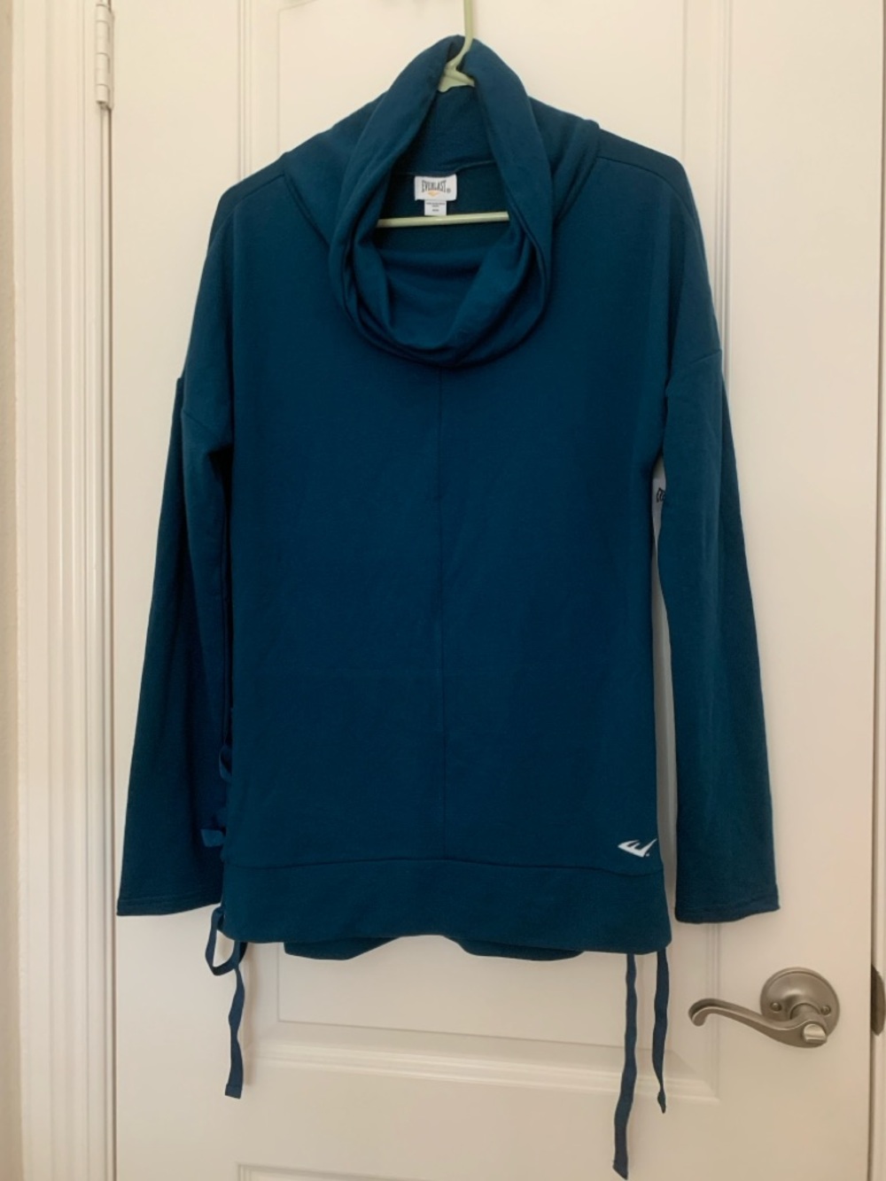 NWT Everlast Peacock Teal Cowl Neck Top Side Tie Hem Ruched Pullover Medium